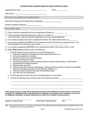 Unemployed and Zero Income Certification