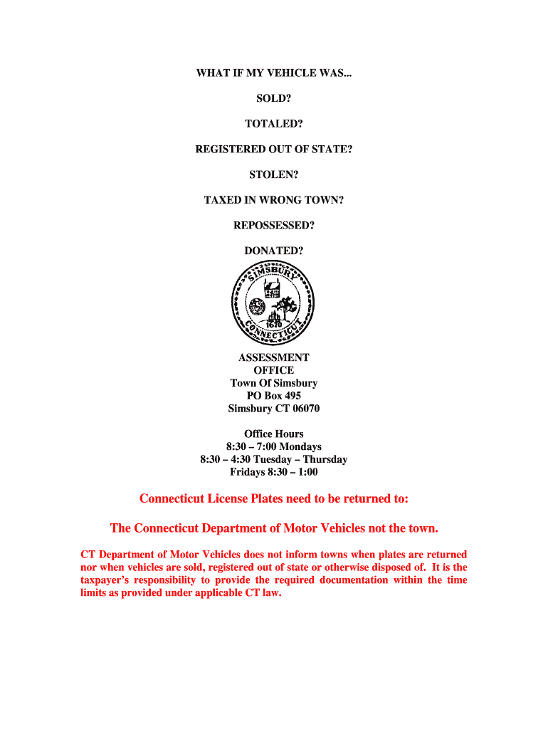 Fillable Online simsburyct Connecticut License Plates need to be