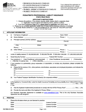 Podiatrists Professional Liability Insurance Application