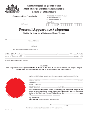 Pennsylvania Personal Appearance Subpoena