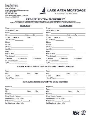 Mortgage Pre-Application Worksheet