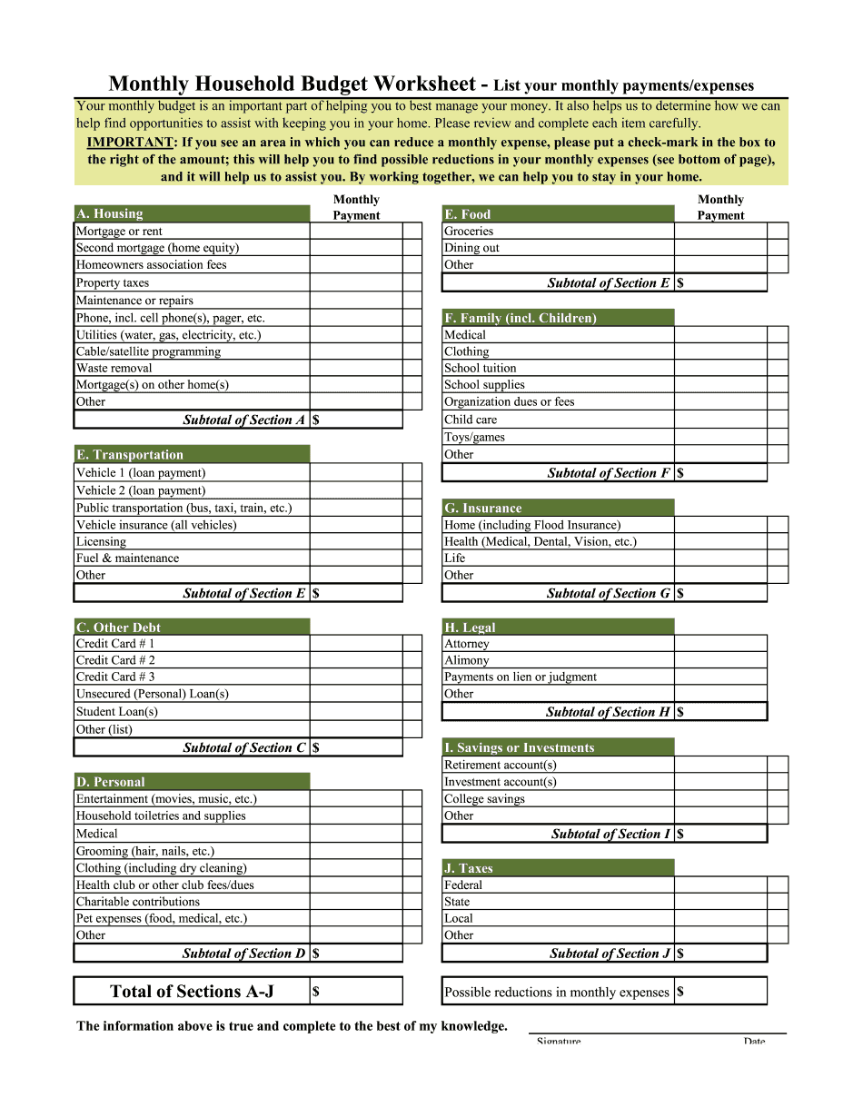 Household Budget Worksheet Form
