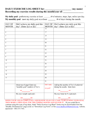 DAILY EXERCISE LOG SHEET for - healthywilliamstown