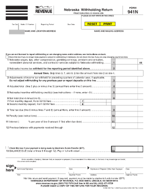 Nebraska Withholding Return Form 941N