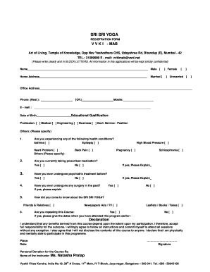 Sri Sri Yoga Registration Form
