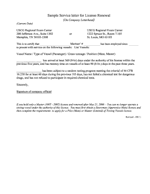 Service Letter for License Renewal