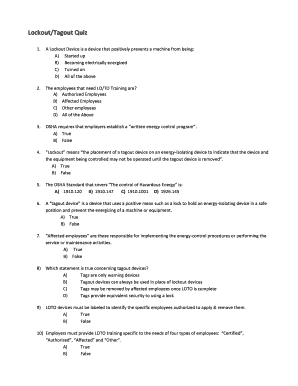 Fillable Online osha LockoutTagout Quiz - osha Fax Email Print - pdfFiller