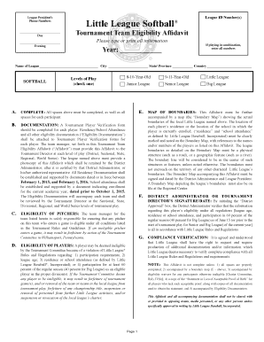 Little League Softball Tournament Team Eligibility Affidavit