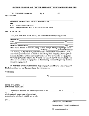 Joinder Consent and Partial Release by Mortgagee/Lienholder