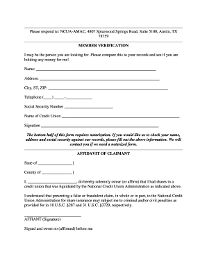 Member Verification and Affidavit for Credit Union Claims