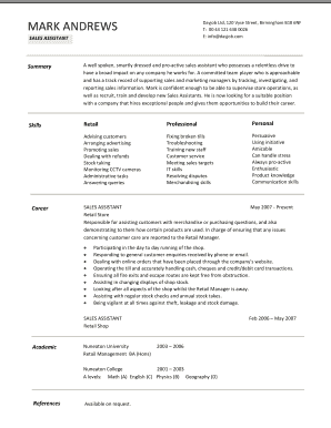 Sales assistant resume examples A excellent example of how to write a CV for a sales assistant position