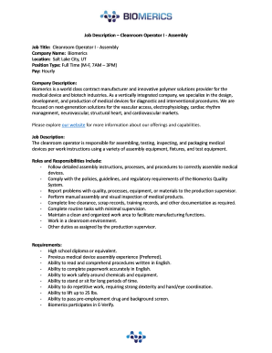 Job description and job specification example pdf - Job Description Cleanroom Operator I - Assembly Job ... - Biomerics