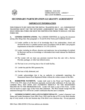 SBA Secondary Participation Guaranty Agreement