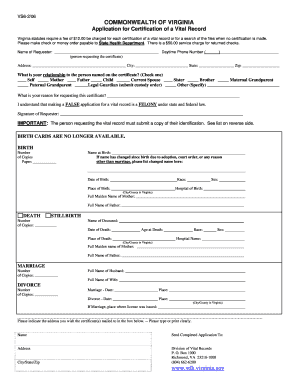 Virginia Vital Record Certification Application