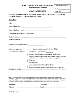 Oregon Wage and Hour Complaint Form