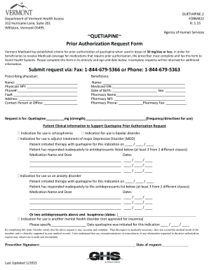 Vermont Quetiapine Prior Authorization Request Form