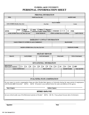 Florida A&M University Personal Information Sheet