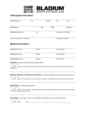 Bladium Youth Camp Waiver and Release Form