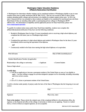Washington Higher Education Residency Affidavit