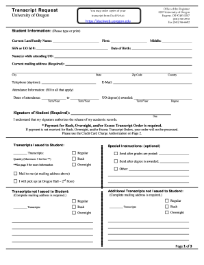 University of Oregon Transcript Request Form