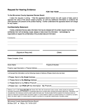 Texas Property Tax Hearing Evidence Request