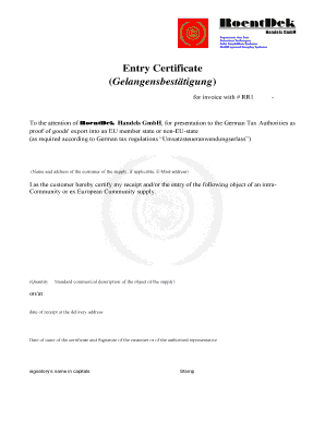EU Entry Certificate for Invoice