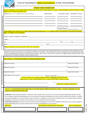 Letter of Transmittal for Reinvestment of State of Israel Bonds