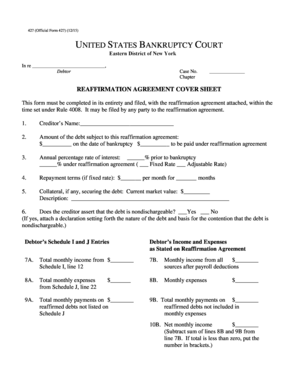 US Bankruptcy Reaffirmation Agreement Cover Sheet