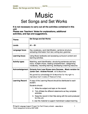 Music Set Songs and Set Works Worksheet