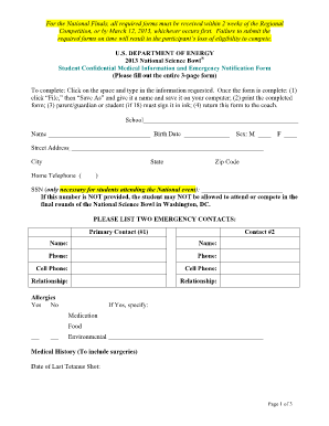 2013 National Science Bowl Medical Form