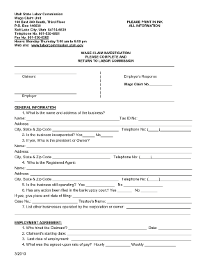 Utah Wage Claim Investigation Form