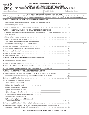 New Jersey Corporation Business Tax Form 306