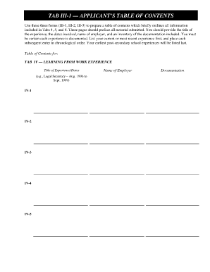 Applicant's Table of Contents