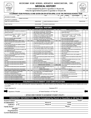 Michigan High School Athletic Association Medical History Form