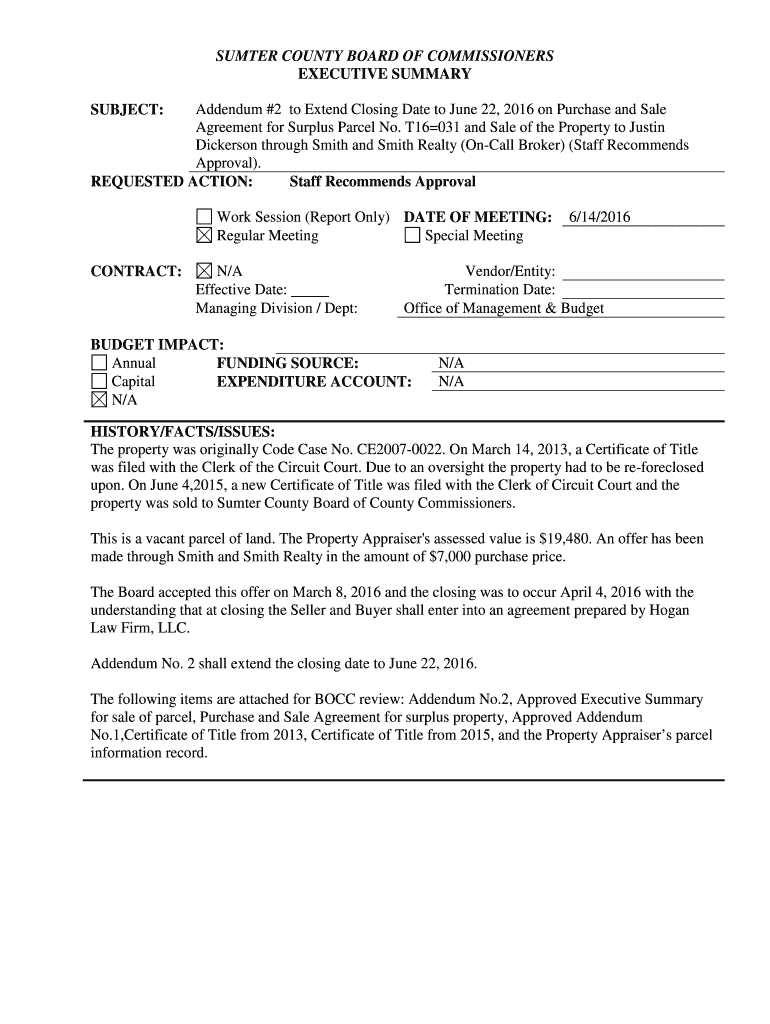 Fillable Online Addendum 2 to Extend Closing Date to June 22 2016 on