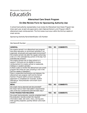 Afterschool Care Snack Program Review Form