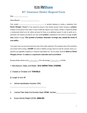 RV Insurance Binder Request Form