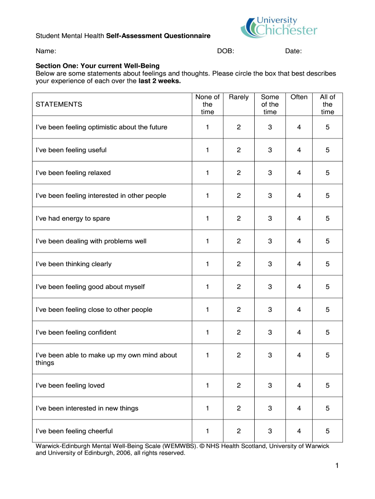 Student Mental Health Self-Assessment Questionnaire Preview on Page 1