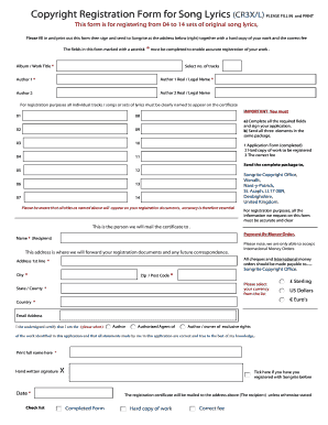 Copyright Registration Form for Song Lyrics