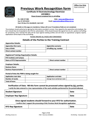 Previous Work Recognition Form for Electrician UEE30811