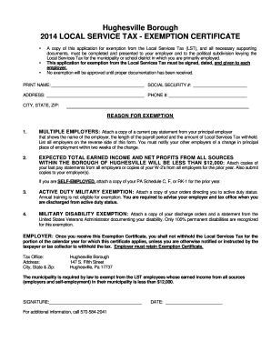 Hughesville Local Service Tax Exemption Certificate