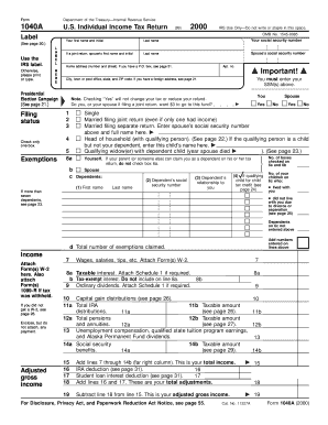 IRS Form 1040A 2000 US Individual Income Tax Return