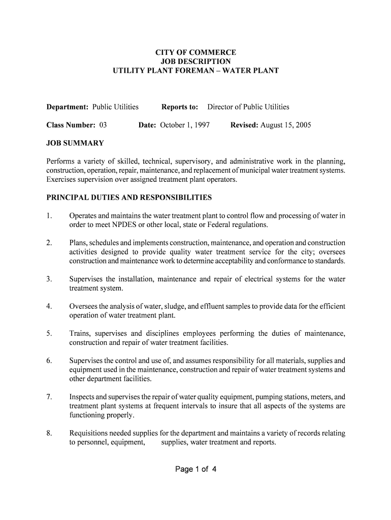 Fillable Online Page 1 of 4 CITY OF COMMERCE JOB DESCRIPTION UTILITY