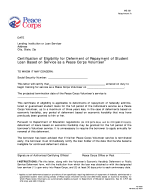 Peace Corps Volunteer Student Loan Deferment Certification