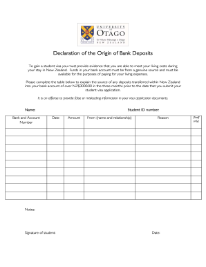 Declaration of Origin of Bank Deposits