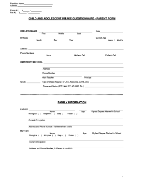 Child and Adolescent Intake Questionnaire - Parent Form