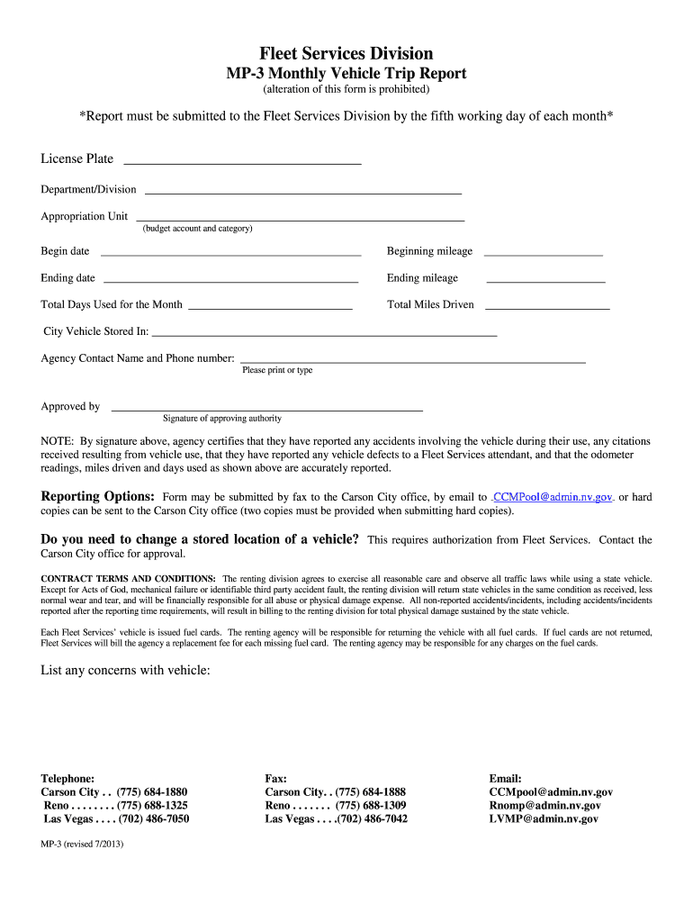 Fillable Online NEVADA STATE MOTOR POOL Fleet Services Division Fax