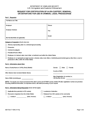 Request for Certification of Alien Custody, Removal, or Departure for Use in Criminal Legal Proceedings