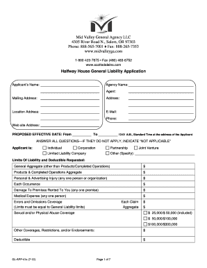 Halfway House General Liability Application