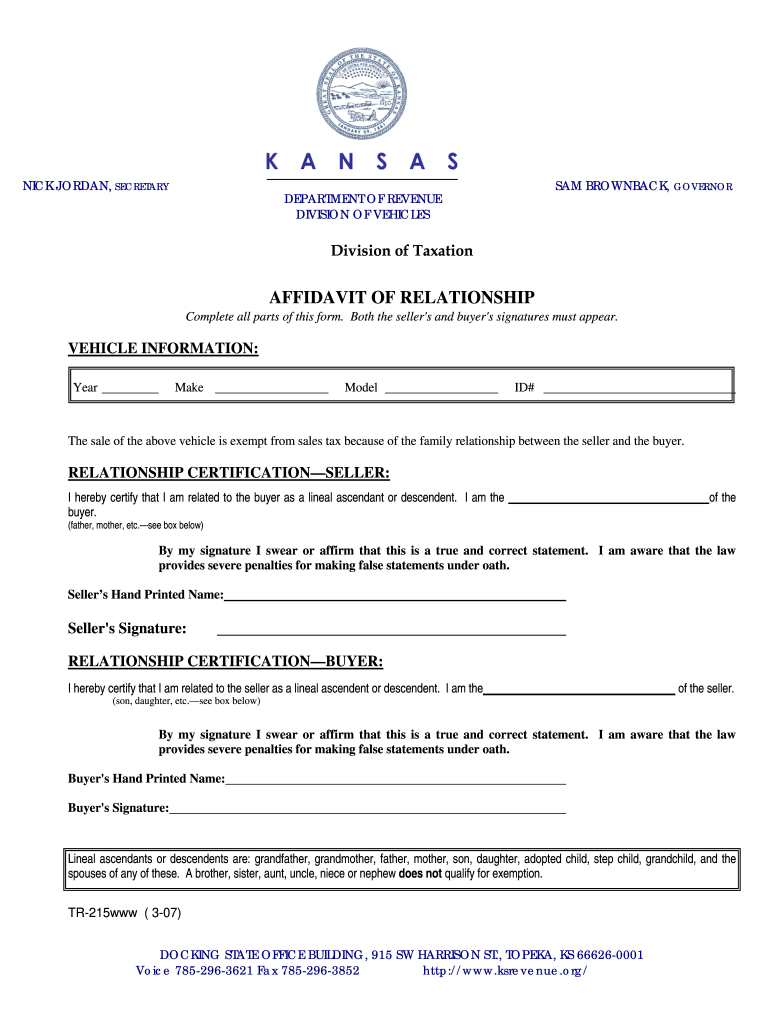 affidavit of relationship kansas Preview on Page 1